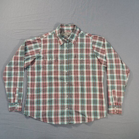 Wrangler Tops - Wrangler Wrancher Shirt Womens Extra Large Pink Blue Plaid Gold Shimmer Western